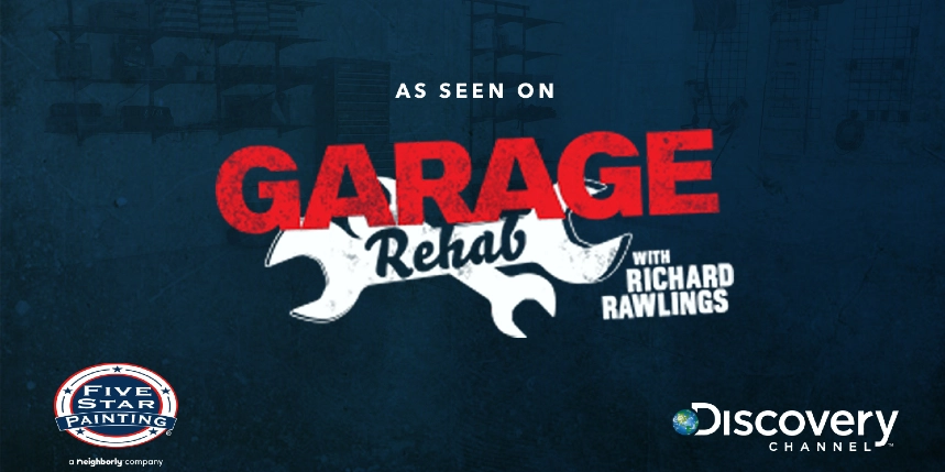 Garage rehab with Richard Rawlings logo, Five Star Painting logo, Discovery channel logo, on a dark blue background