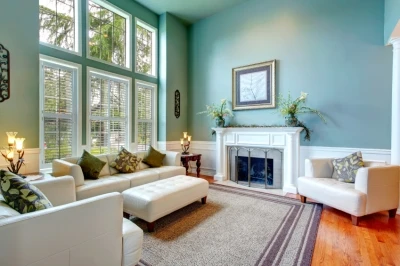 Blue Painted Living room with White Trim  