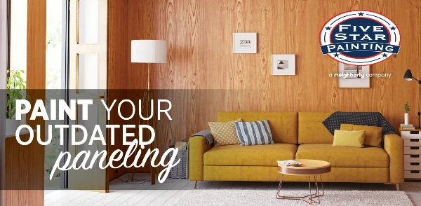 Blog title superimposed over a photo of a living room with paneled wooden walls