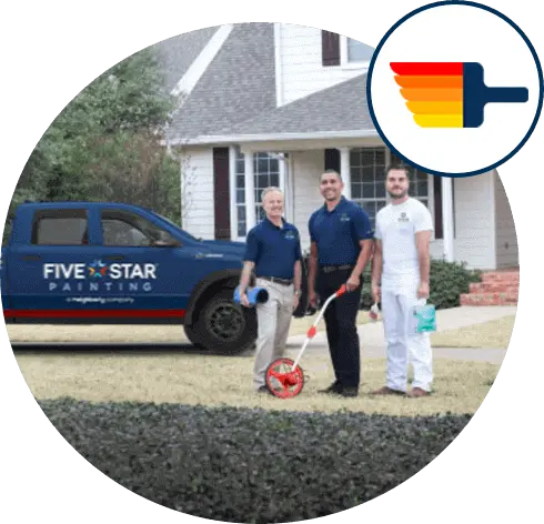 Three male Five Star Painting technicians standing beside branded pickup truck outside residential home.