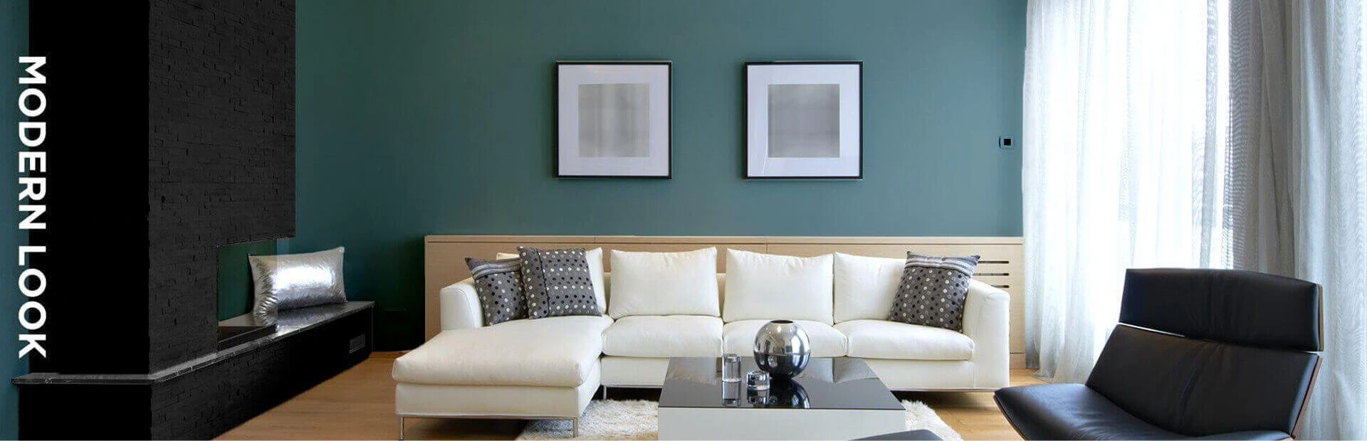 Living room with beige, black and green colour palette.