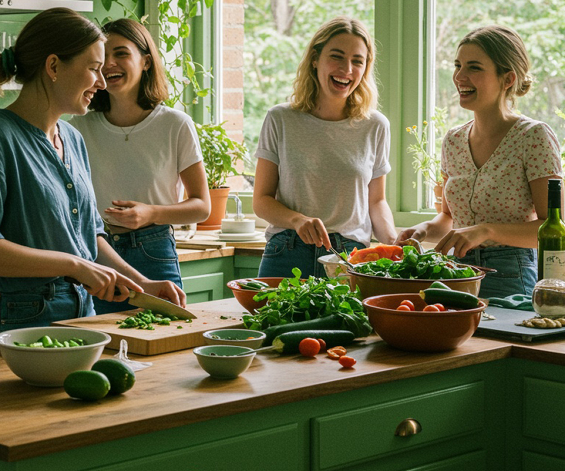 Friends cook together in a kitchen with sage green cabinets painted by Five Star Painting