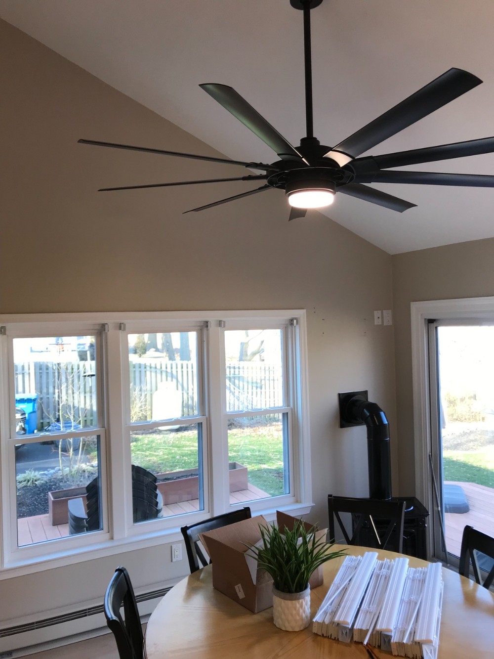gray walls kitchen eating area ceiling fan
