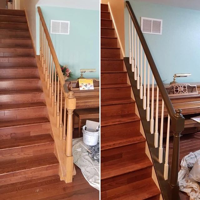 Banister and spindles painting and staining. Custom colors with products from Sherwin Williams.