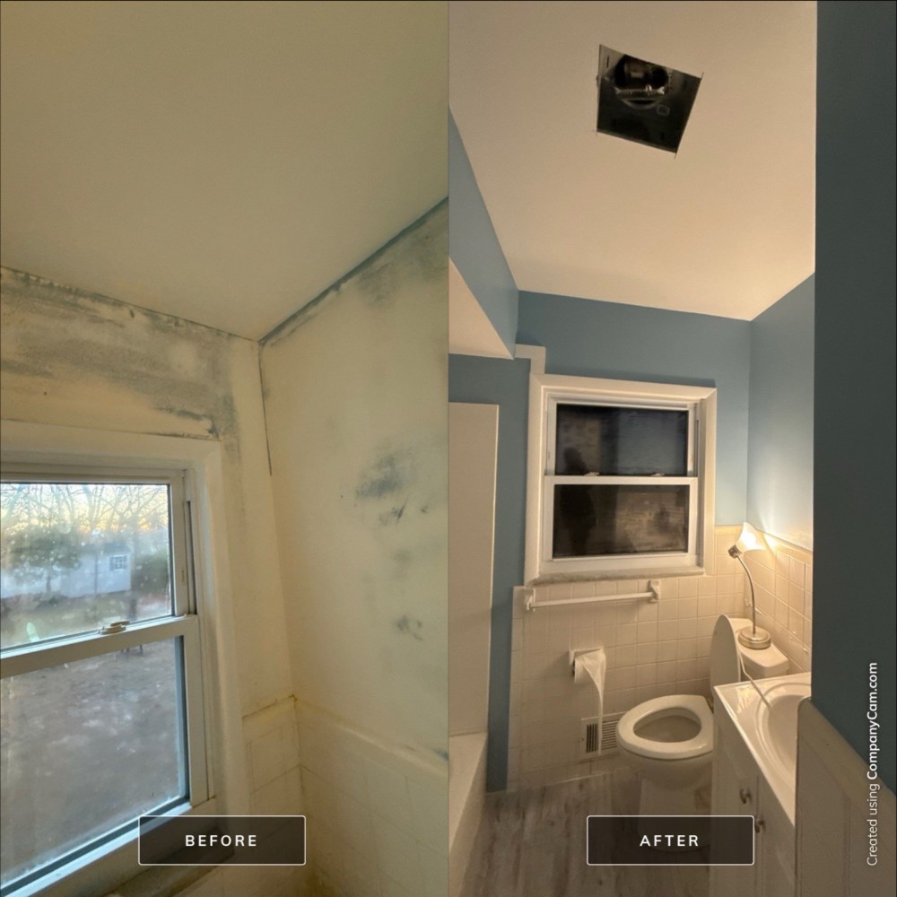 Before and after of bathroom repaint. Moldy, stained walls and ceiling transformed into a clean blue and white finish with proper prep.