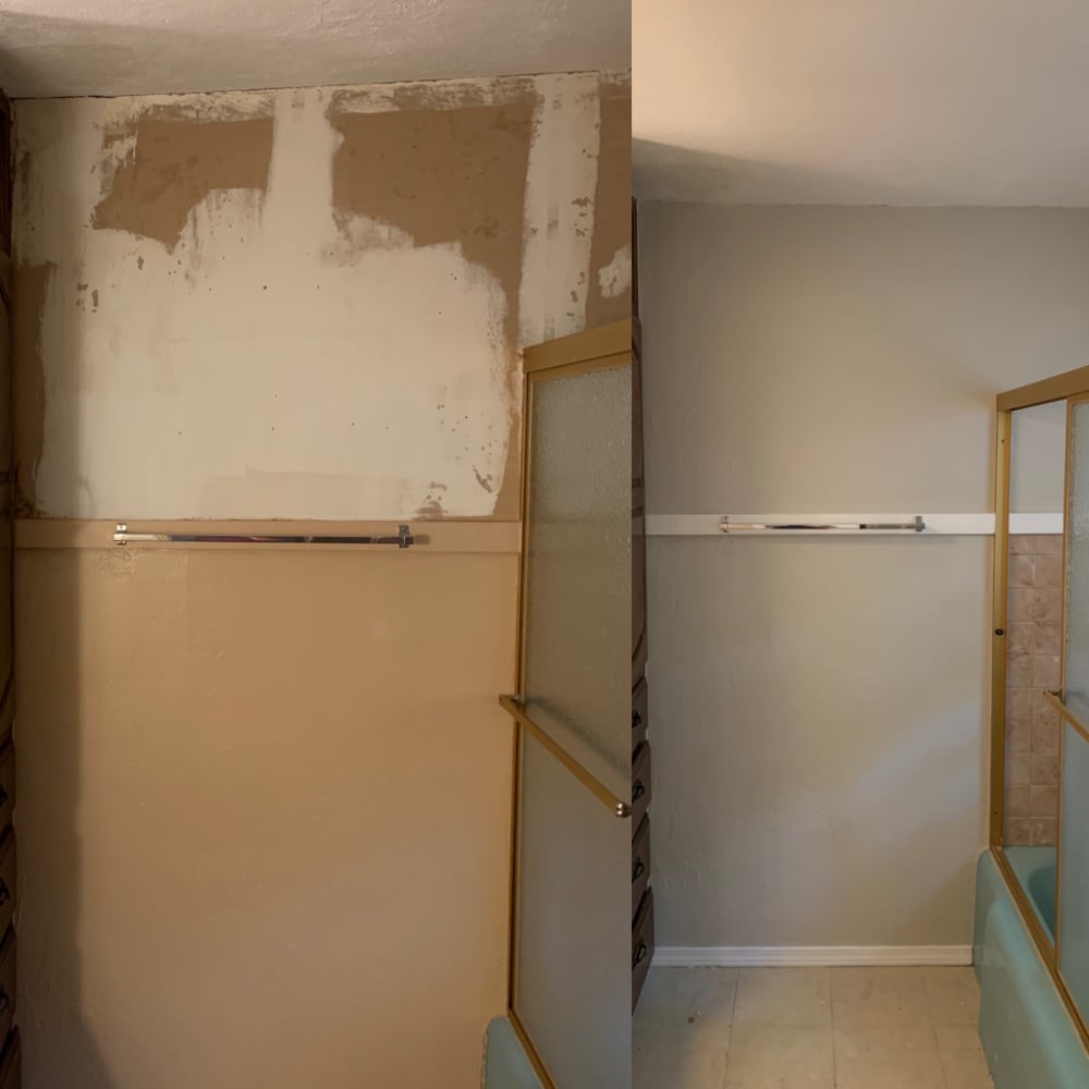 Bathroom drywall repairs and painting. Colors: Sherwin Williams - Extra White, grey custom match.