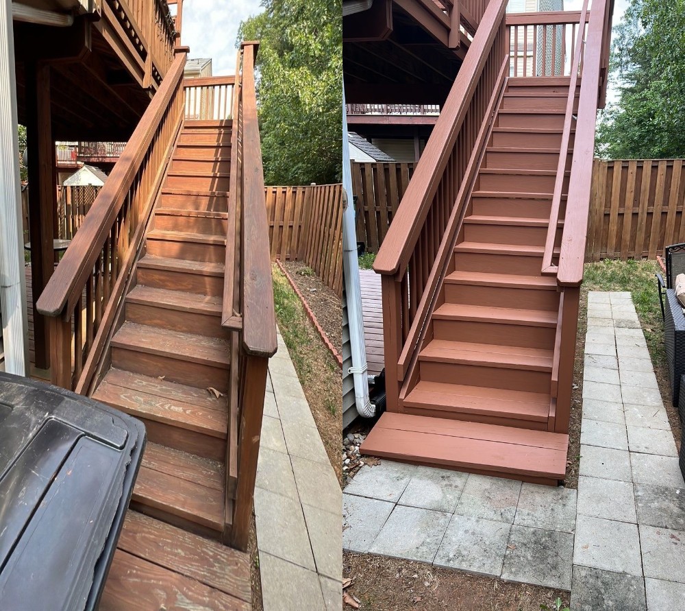 Before and After of Re-stained Deck Stairs