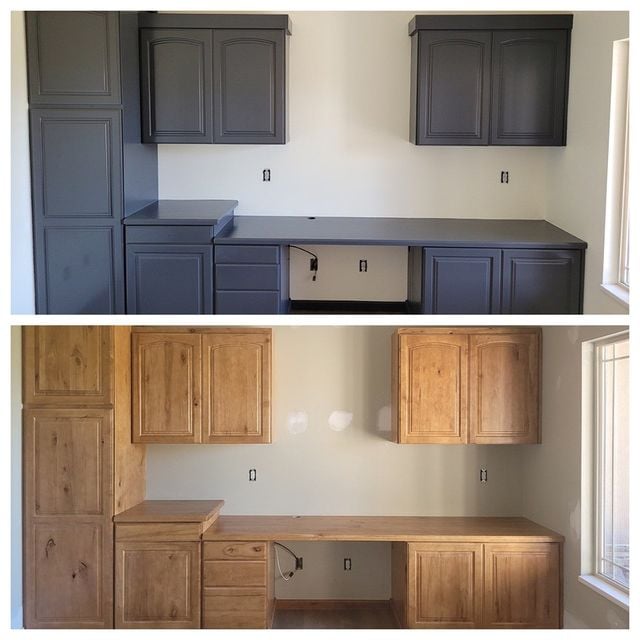 Before and after interior cabinet painting raw wood to dark grey