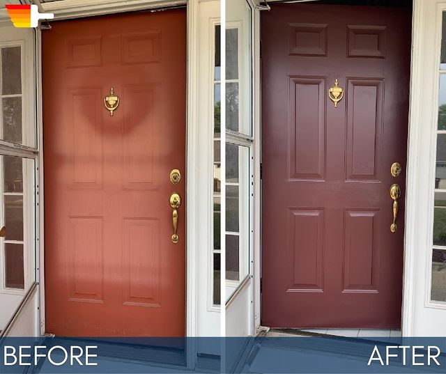 Before and after painted front door to deep red.