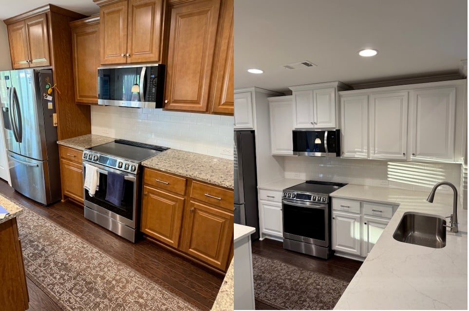 Cabinet refinish Opelika Alabama Sherwin Williams Gallery Waterborne Topcoat Sheen 20 color SW7005 Pure White