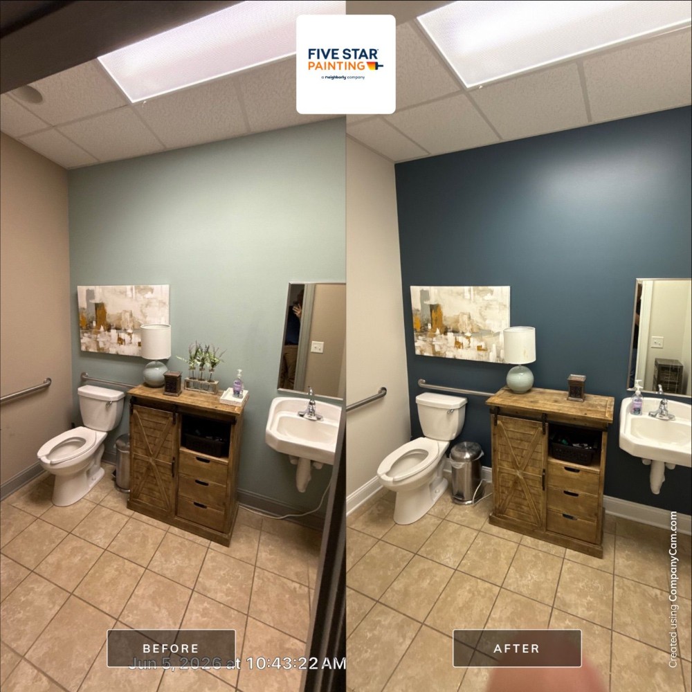 Commercial restroom repaint SuperPaint satin SW9585 Sunbleached/SW9639 Rain Cloud accent wall.