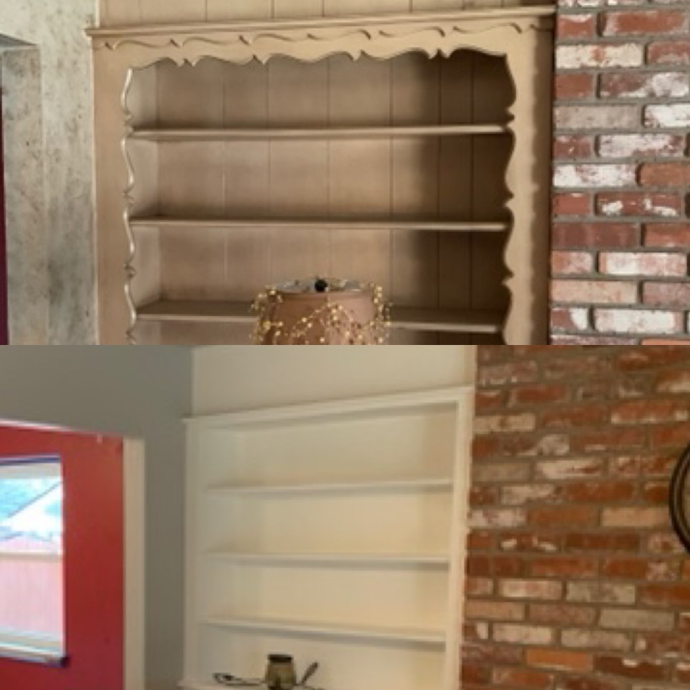 Custom carpentry and painting. Removal of the decorative trim on the bookshelf prior to painting. Colors: Sherwin Williams - Light French Grey walls, Pure White