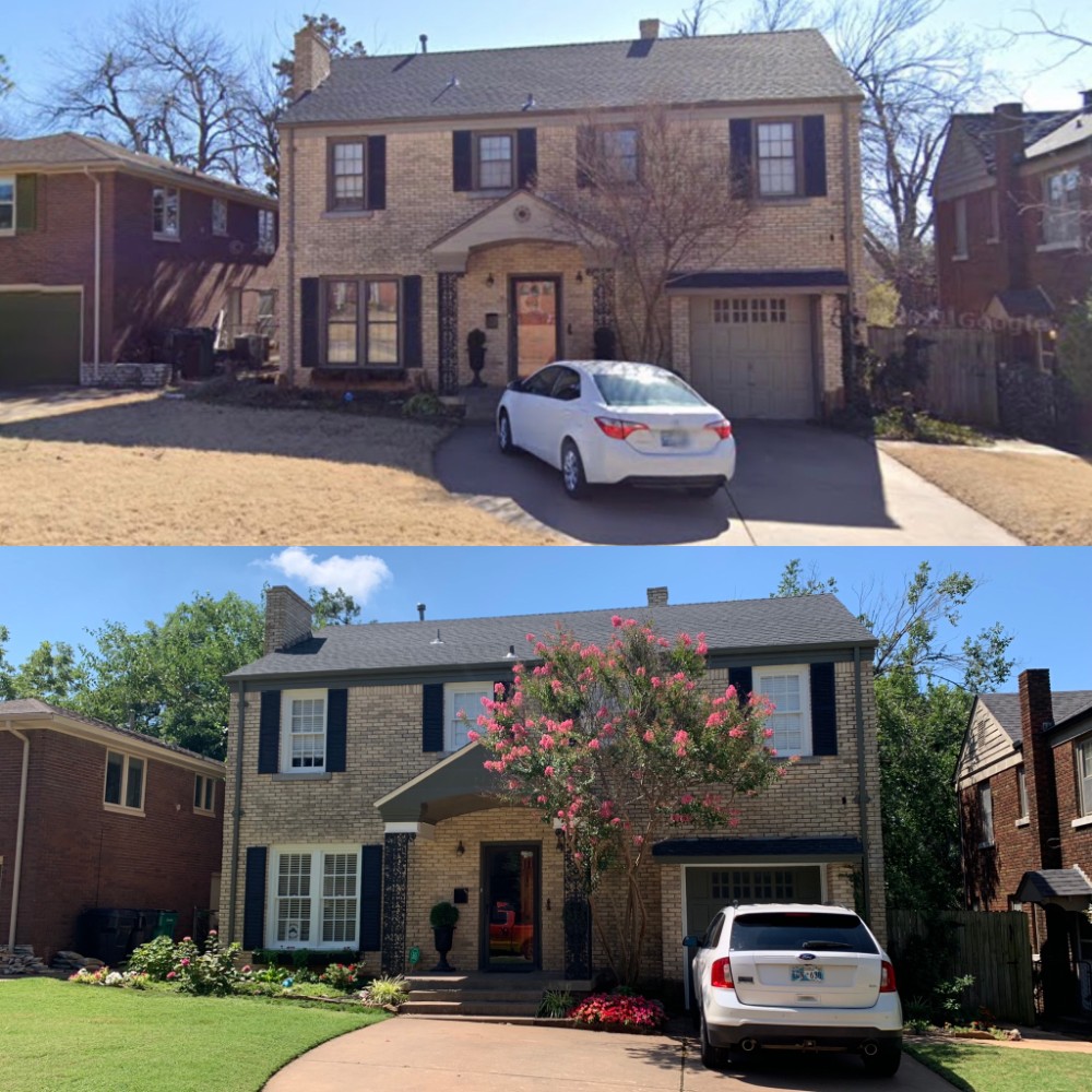 Exterior house painting for color change with carpentry repairs. Colors: Sherwin Williams - Eclipse (green) and Dover White.