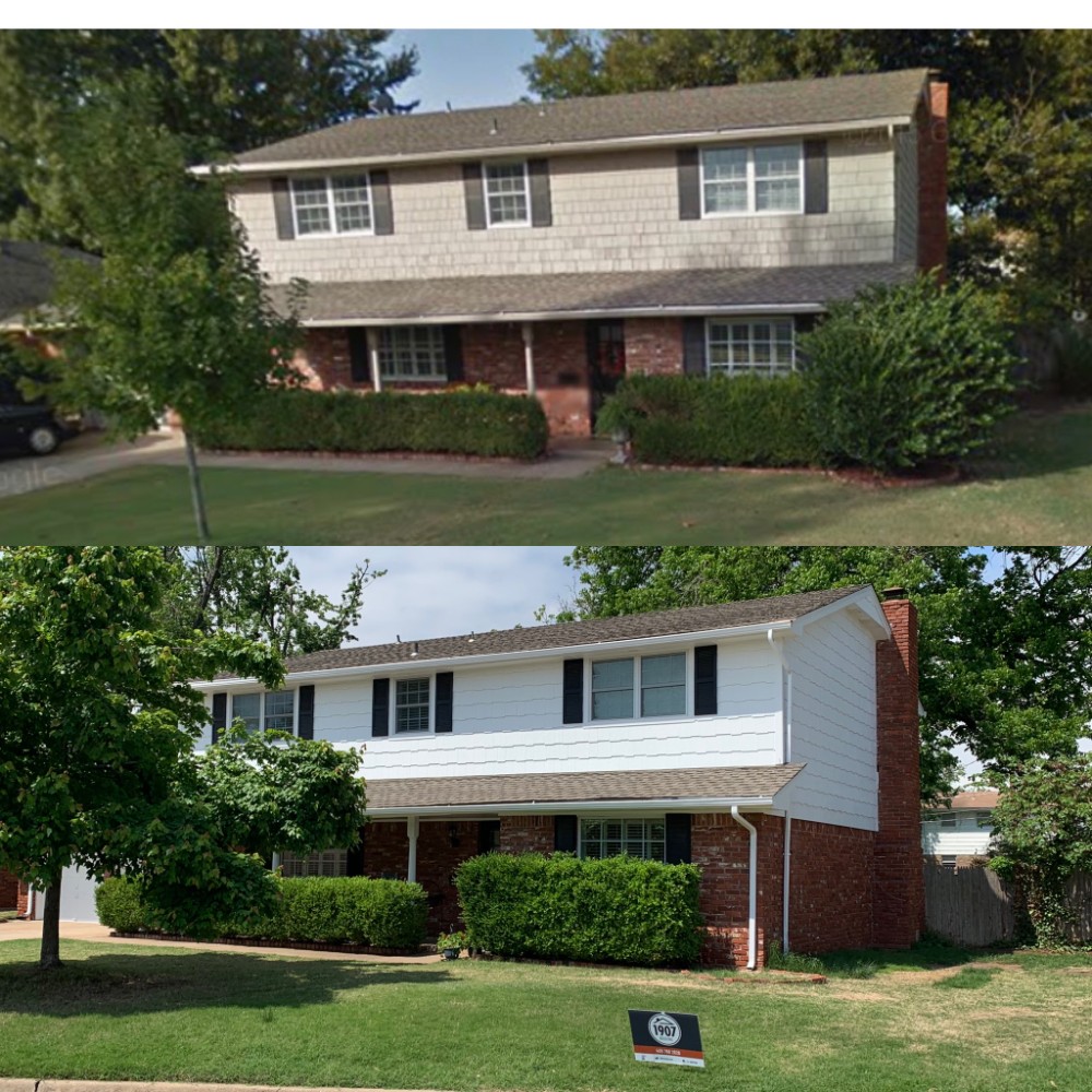 Complete replacement of exterior siding on house with painting. Colors: Sherwin Williams Extra White