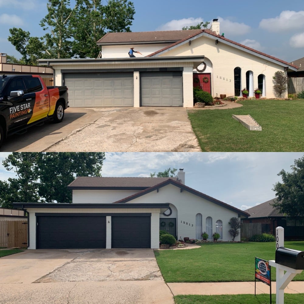 Exterior house repainting, with updated colors. Colors: Sherwin Williams - Main - Alabaster (white), Trim - Iron Ore (grey), Front Door - Retreat (muted green)