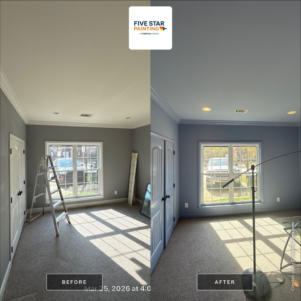 Guest bedroom before and after color drenched in color SW6235 Solitude