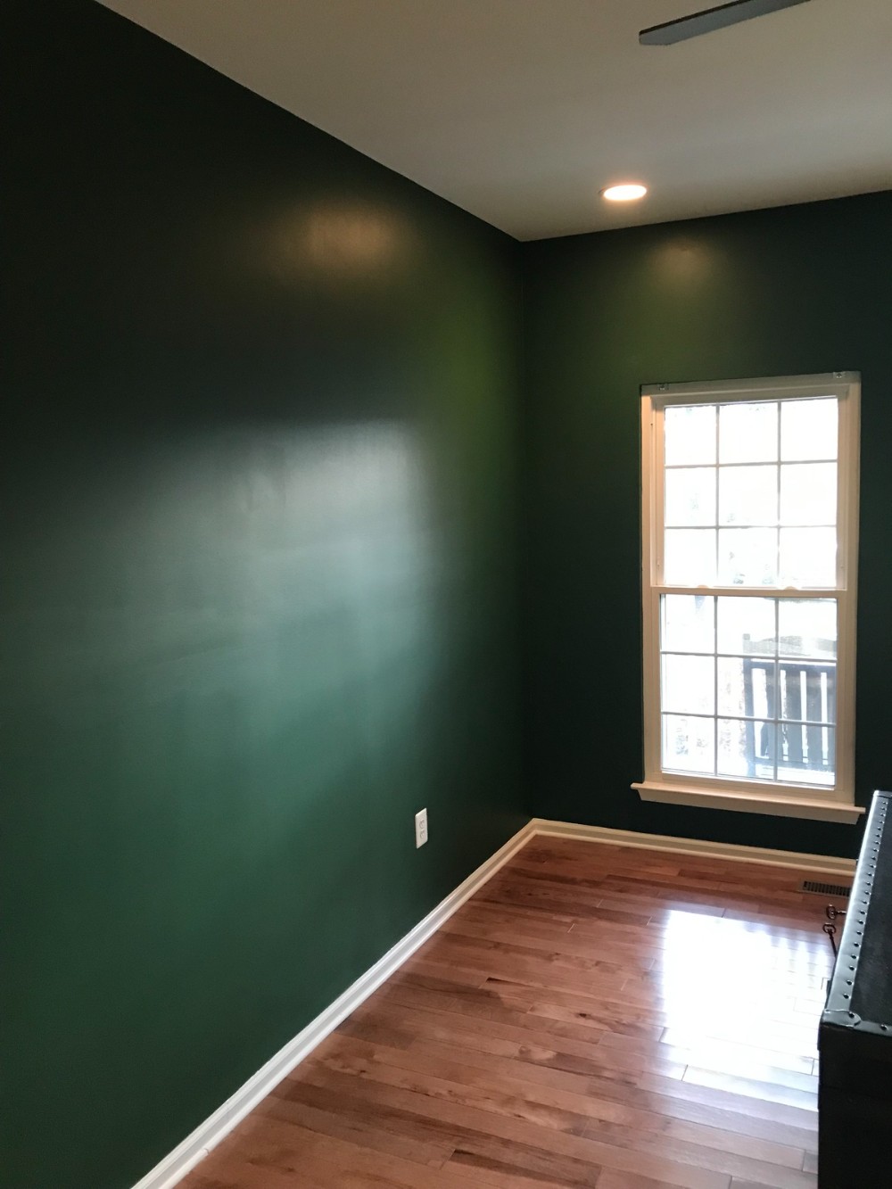 Green walls white trim brown wood floors white ceiling overhead recessed lighting