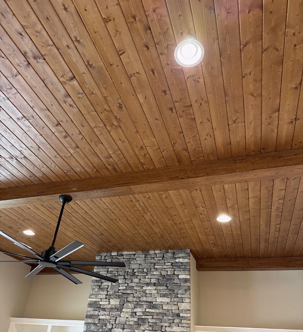 Interior living room stained pine T&G ceiling MW224 Special Walnut stain with warm satin oil polyurethane.