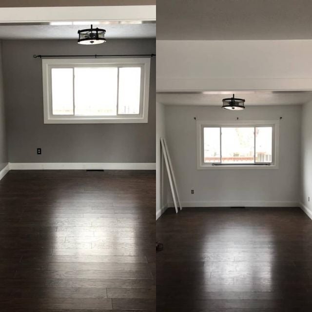 Before and after interior painting around large window with dark wood floors