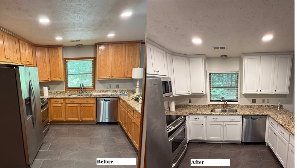 Kitchen cabinet refinish SW7005 Pure White Gallery Series Waterborne topcoat.