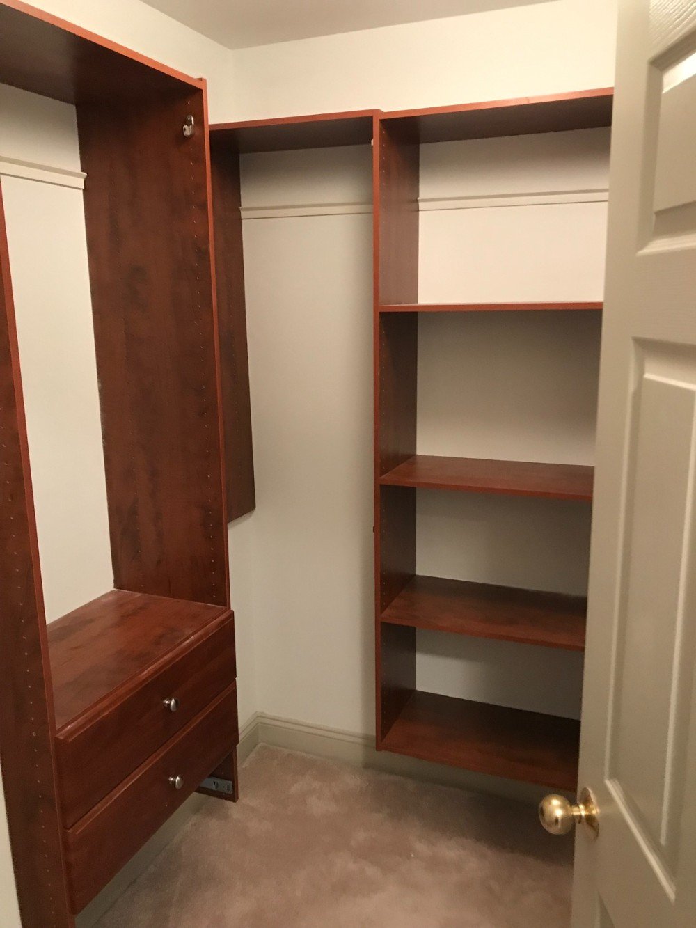 Painted Interior Closets White walls brown cabinets