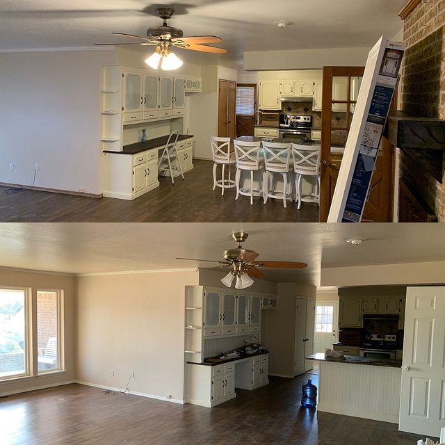 Repaint for color change and the woodwork is included. Sherwin Williams paints with custom colors for the walls and ceilings, SW7006 Extra White for the woodwork.
