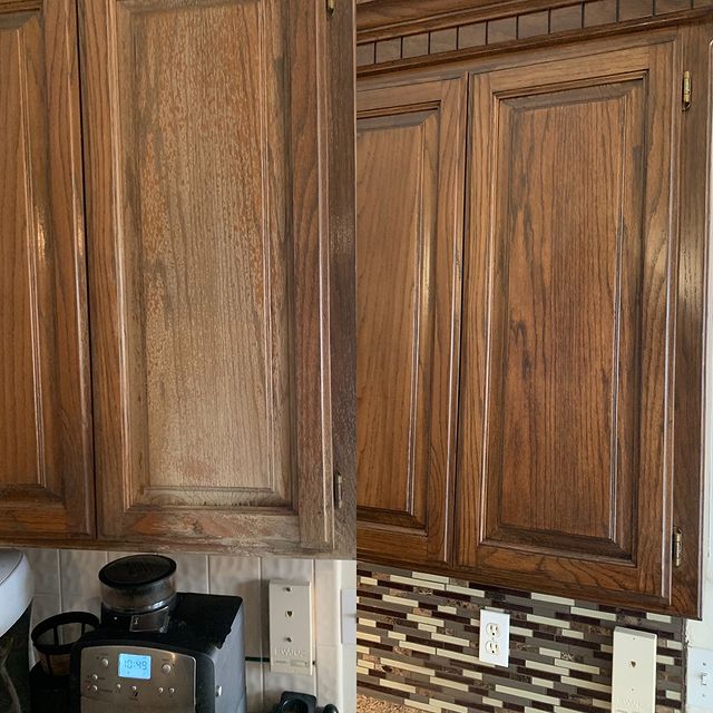 This homeowner's coffee pot was directing steam onto the stain and caused massive damage. We were able to repair and stain to remove the damage.