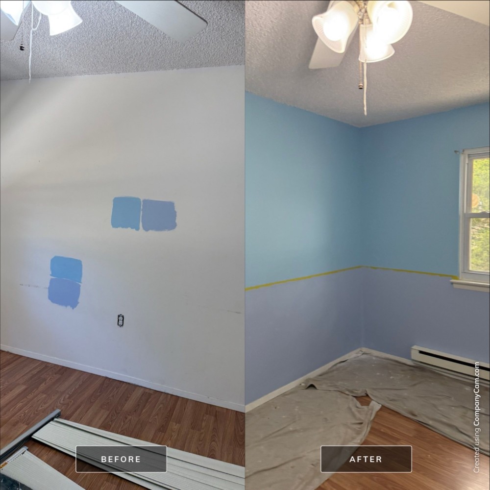 Before and after photo of a bedroom repaint in Toms River, NJ. Shows transition from plain white walls with test swatches to finished two-tone blue walls with clean edges and professional finish.