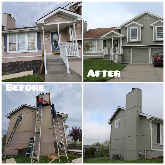 before and after beige house with white accents