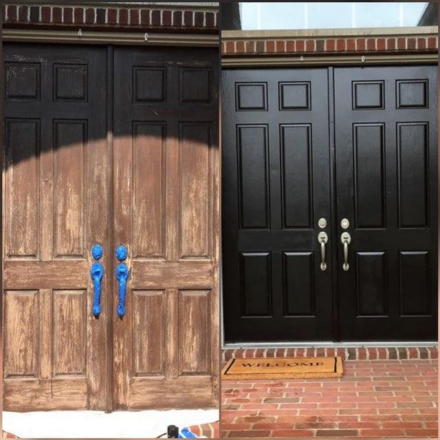 before and after black front door with gold handles