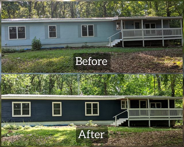 before and after blue house with white accents