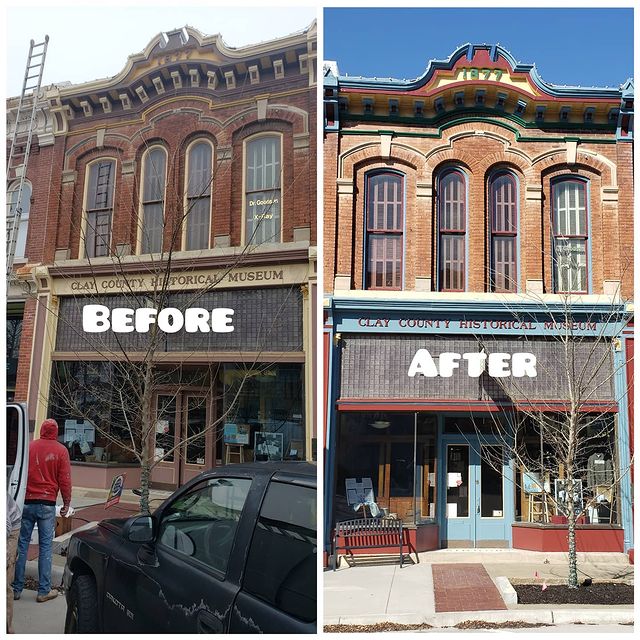 before and after blue store sign with red accents