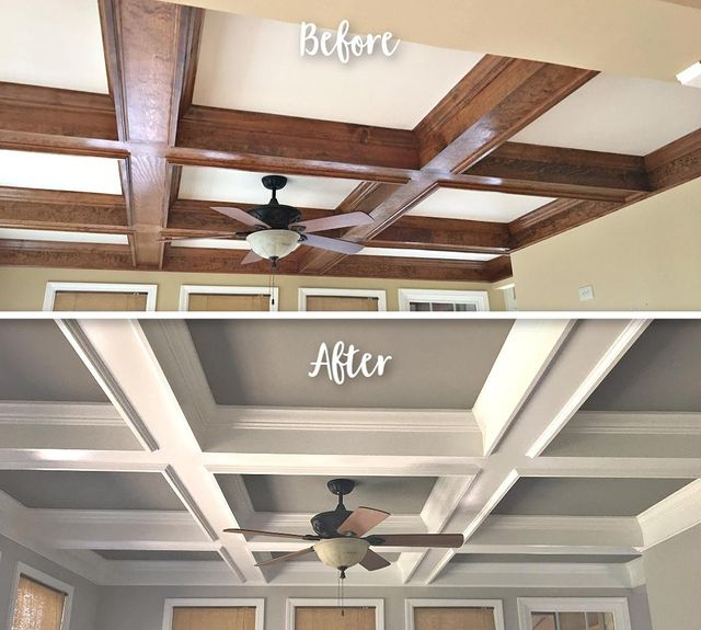 before and after of ceiling with beams painted white