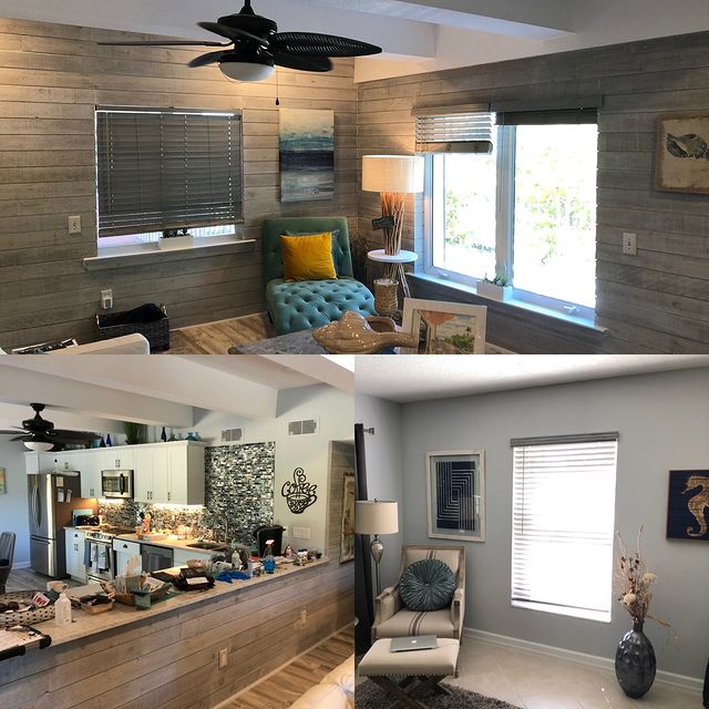 grey interior with shiplap walls