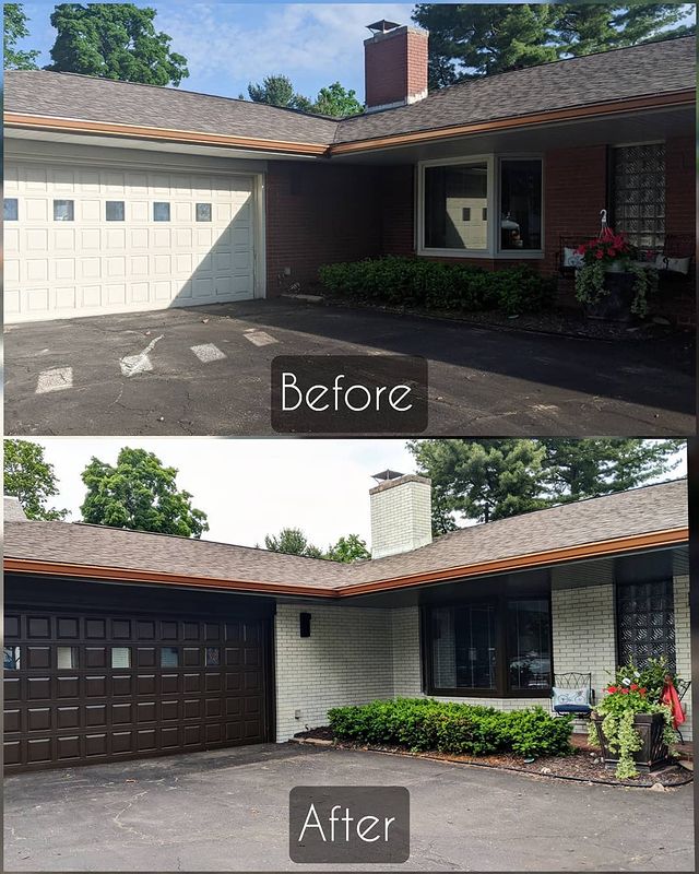 white brick house brown garage door