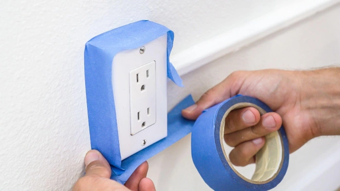 Hands applying painters tape to mask outlet.