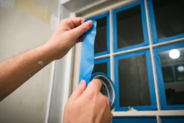 Hands applying painters tape to window trim.