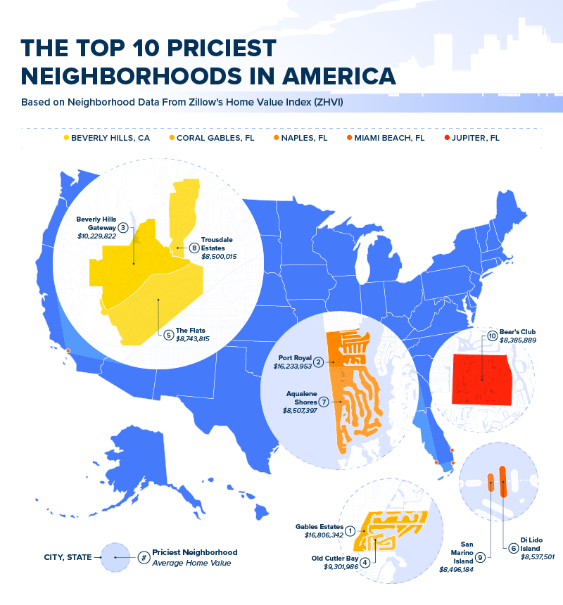 A U.S. map plotting the 10 most expensive neighborhoods in the U.S.