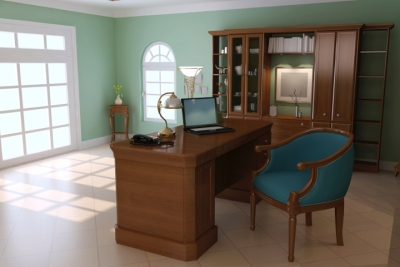 Office with bright and cheery mint green walls  