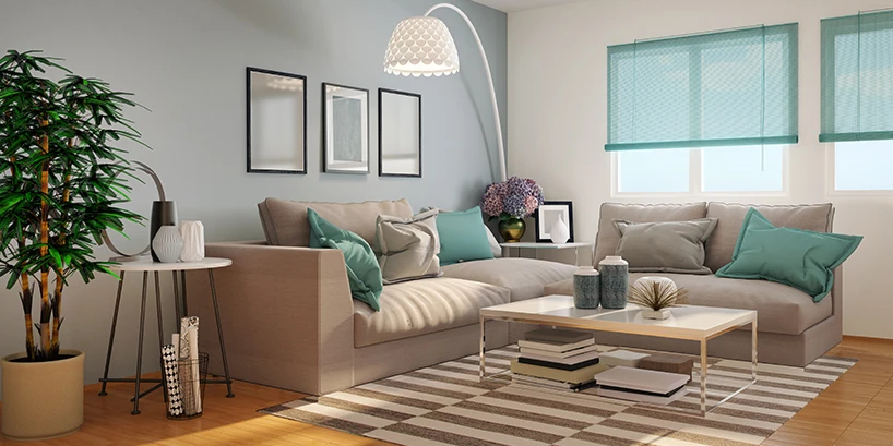 A living room with blue, white, and turquoise accents