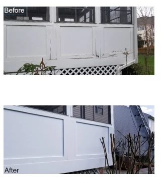 Before and after picture of damaged and repaired white exterior paneling
