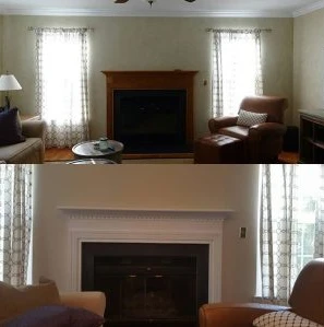 Before and after images of a fireplace painting.