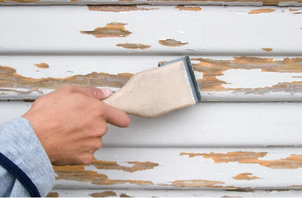 Man clearing away old paint from an exterior.