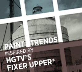 Blog title "Paint Trends Inspired by HGTV's Fixer Upper" superimposed over picture of large water tank segmented into squares