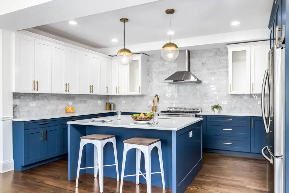 White and blue kitchen cabinets.
