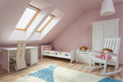 Light Pink Attic with White Trim and Rocking Chair