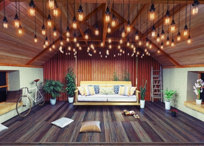 Attic with Dark Hardwood Flooring and Hanging Lights