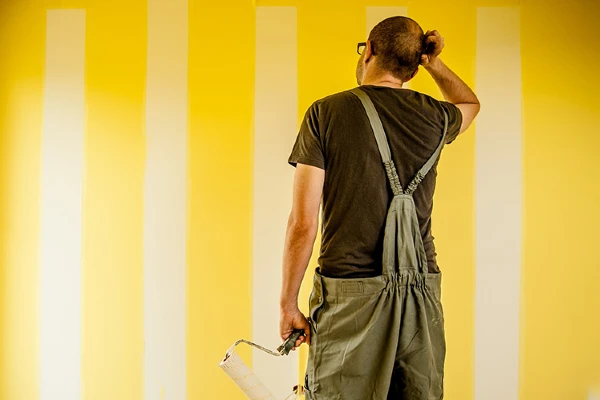 Painter staring at a partly painted wall scratching his head