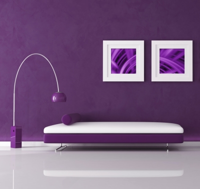 Modern, minimalist room with purple walls, furniture and artwork with white accents  