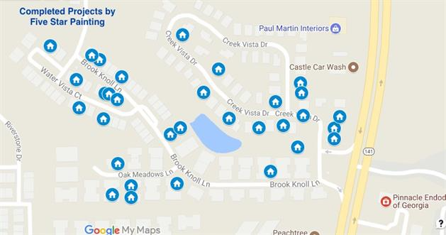 Map of completed projects by Five Star Painting showing tiny house markers